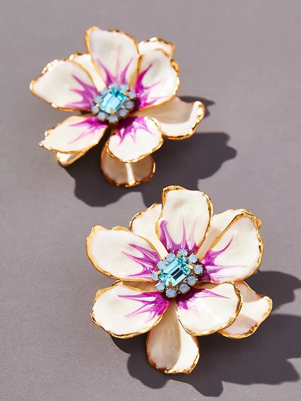 ISO: The Pink Reef Floral Crystal Enamel Clip-On Earrings in White, Pink & Blue